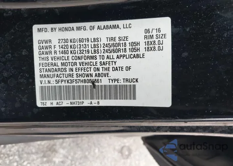 2017 Honda Ridgeline Rtl from USA, damaged, VIN 5FPYK3F57HB004861
